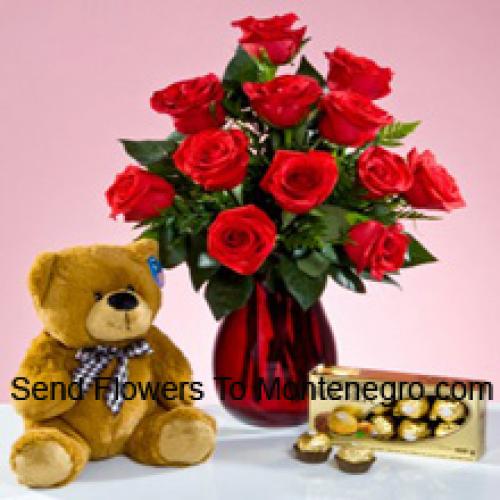 11 Rode Rozen met 12 Inch Teddy en Ferrero Rochers