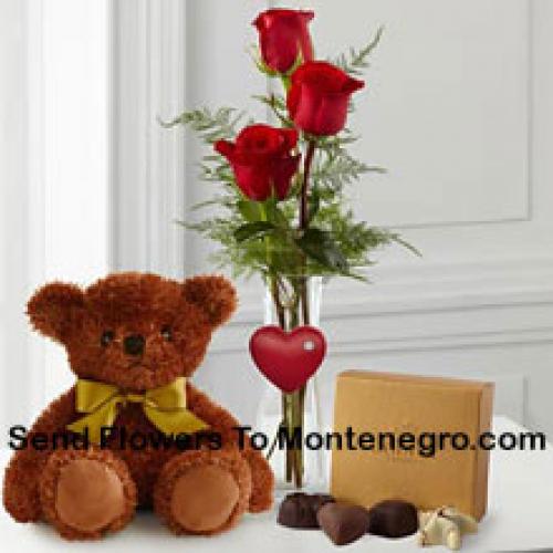 3 Rode Rozen met Teddy en Chocolade