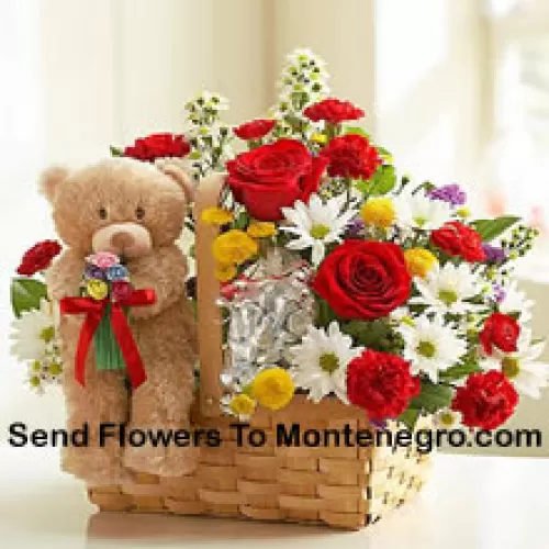 Basket Of Assorted Flowers And A Cute Brown 6 Inches Teddy Bear