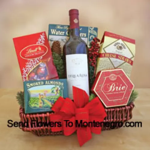 This beautiful Gift basket includes a bottle of California cabernet sauvignon, savory smoked almonds, cheese, water crackers, crisp cheese straws and Lindt chocolate truffles. (Contents of basket including wine may vary by season and delivery location. In case of unavailability of a certain product we will substitute the same with a product of equal or higher value)