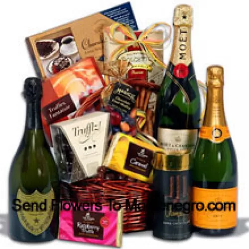 Ova Božićna poklon košara uključuje Moet & Chandon White Star šampanjac - 750 ml, Veuve Clicquot Ponsardin Yellow Label - 750 ml, Dom Perignon - 750 ml, čokoladne tartufe s šampanjcem od Marich-a, čokoladu s tostiranim bademima Lace od Hauser Chocolatier-a, tamnu čokoladnu truflu s malinom od Lake Champlain Chocolates, mliječnu karamelnu čokoladnu truflu od Lake Champlain, Fantaziju čokoladnih tartufa od Guyaux Chocolatier-a, štapiće od čokolade s šampanjcem od Sweet Candy-a, čokoladno voćno mješavina u obojenim školjkama od Marich-a i čokoladne valjuške od Dolcetto-a. (Sadržaj košare, uključujući vino, može varirati ovisno o godišnjem dobu i lokaciji dostave. U slučaju nedostupnosti određenog proizvoda, zamijenit ćemo ga proizvodom iste ili veće vrijednosti)