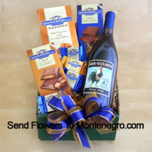 Esta canasta de regalo incluye una botella de fino Cabernet de California, cuadrados de chocolate Ghirardelli y barras de chocolate Ghirardelli en leche y caramelo. (El contenido de la canasta, incluido el vino, puede variar según la temporada y la ubicación de entrega. En caso de indisponibilidad de cierto producto, lo sustituiremos por un producto de igual o mayor valor)