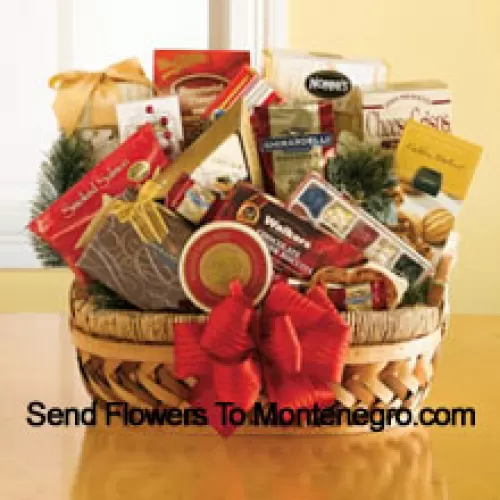 This special Gourmet Gift Basket comes packed with a sweet and savory selection of gourmet snacks that are all ready to eat and be enjoyed. She will be pleased with the great selection inside: pesto havarti cheese, smoked salmon, caviar, English tea cookies, shortbread cookies, Ghirardelli chocolates, biscotti, toffee almonds, Ghirardelli squares, Jelly Belly jelly beans, chocolate cheese sticks, chocolate caramel cookies and peppermint popcorn. (Please Note That We Reserve The Right To Substitute Any Product With A Suitable Product Of Equal Value In Case Of Non-Availability Of A Certain Product)