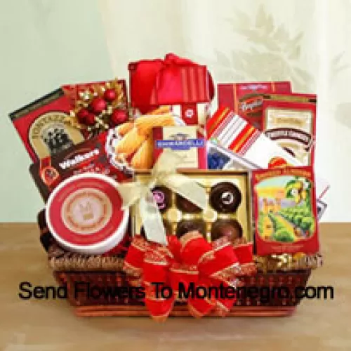 Envie seus desejos de felizes festas para todos em sua lista de presentes este ano com nossa cesta gourmet projetada especialmente para a ocasião. Nossa deliciosa cesta contém biscoitos de manteiga Walker's, variedade de chocolates Ghirardelli, jelly beans Jelly Belly, pretzels de toffee de manteiga, biscoitos de trufa, queijo, cookies de chá inglês, biscoitos de água, amêndoas defumadas, queijo, e uma barra de chocolate Ghirardelli. A variedade torna perfeito quando você quer ter certeza de que há algo para todos desfrutarem. Eles vão adorar a apresentação elegante com um grande laço na frente, e podem manter a cesta de vime para usar muito tempo depois que a comida foi apreciada (Por favor, note que reservamos o direito de substituir qualquer produto por um produto adequado de valor igual em caso de não disponibilidade de um determinado produto)